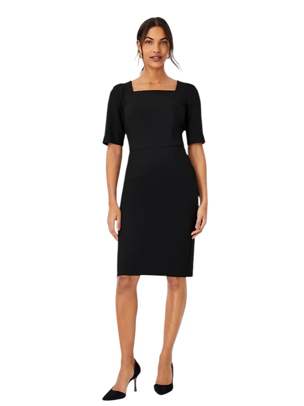 Ann Taylor black elbow sleeves square neck dress in seasonless stretch 2024